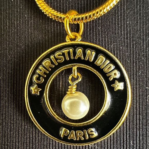 Christian Dior Gold Chain w Gold, Black Lacquer, and Pearl Circular Pendant - Picture 2 of 7